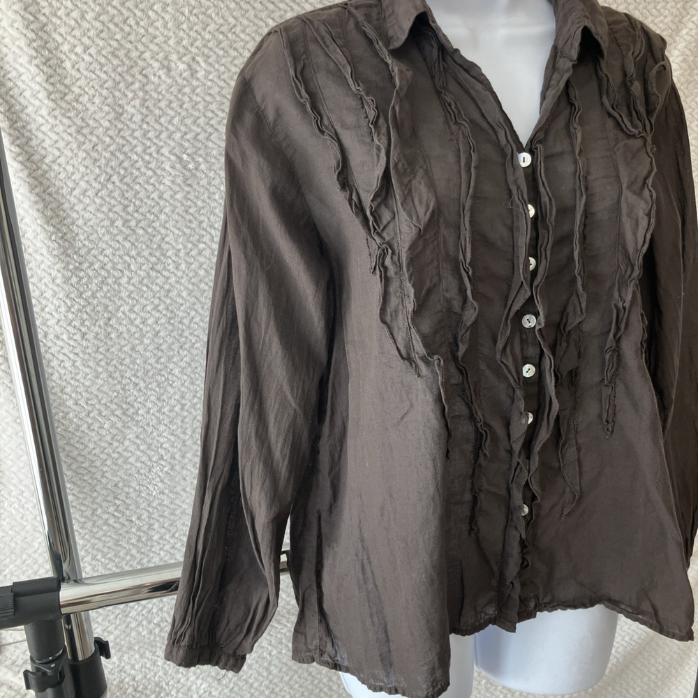 Sundance JP And Mattie Teal Pintuck Blouse Small Brown Ruffle Boho Lagenlook - Picture 6 of 10